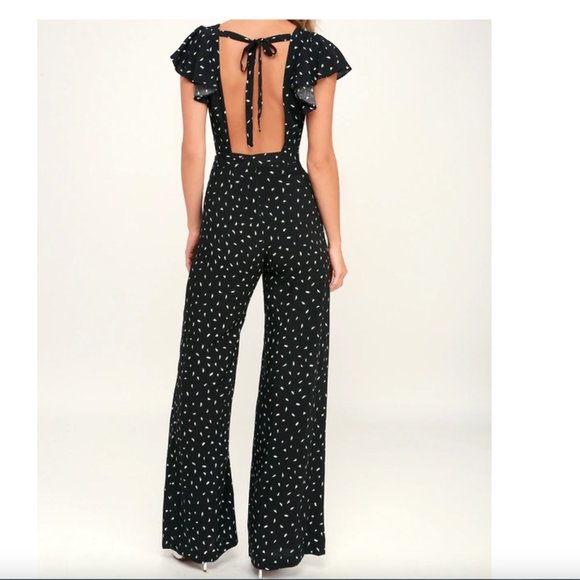 Lulus Wide leg Jumpsuit Black White Fine Print Open Back Ruffle Shoulder S - Picture 3 of 16